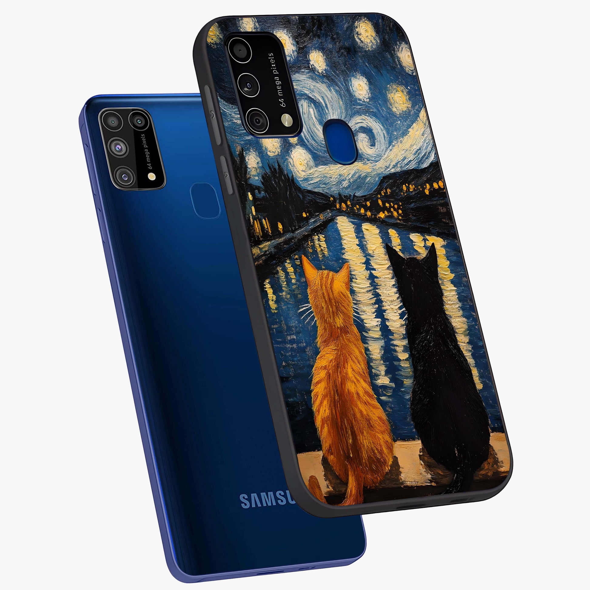 Starry River Cats Glass Case displayed in angled mockup highlighting charming feline illustration with dreamy night aesthetic.