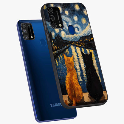 Starry River Cats Glass Case displayed in angled mockup highlighting charming feline illustration with dreamy night aesthetic.