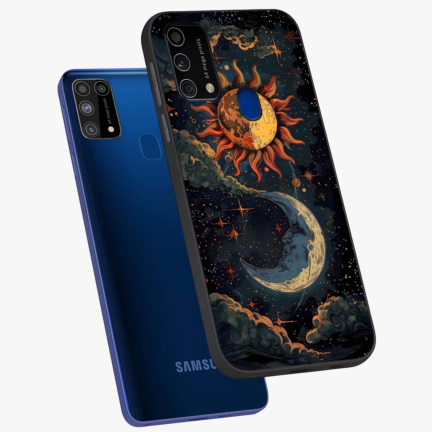 Sun And Moon Magic Design Glass Case displayed in angled mockup highlighting celestial design with magical cosmic aesthetic.