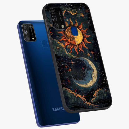 Sun And Moon Magic Design Glass Case displayed in angled mockup highlighting celestial design with magical cosmic aesthetic.