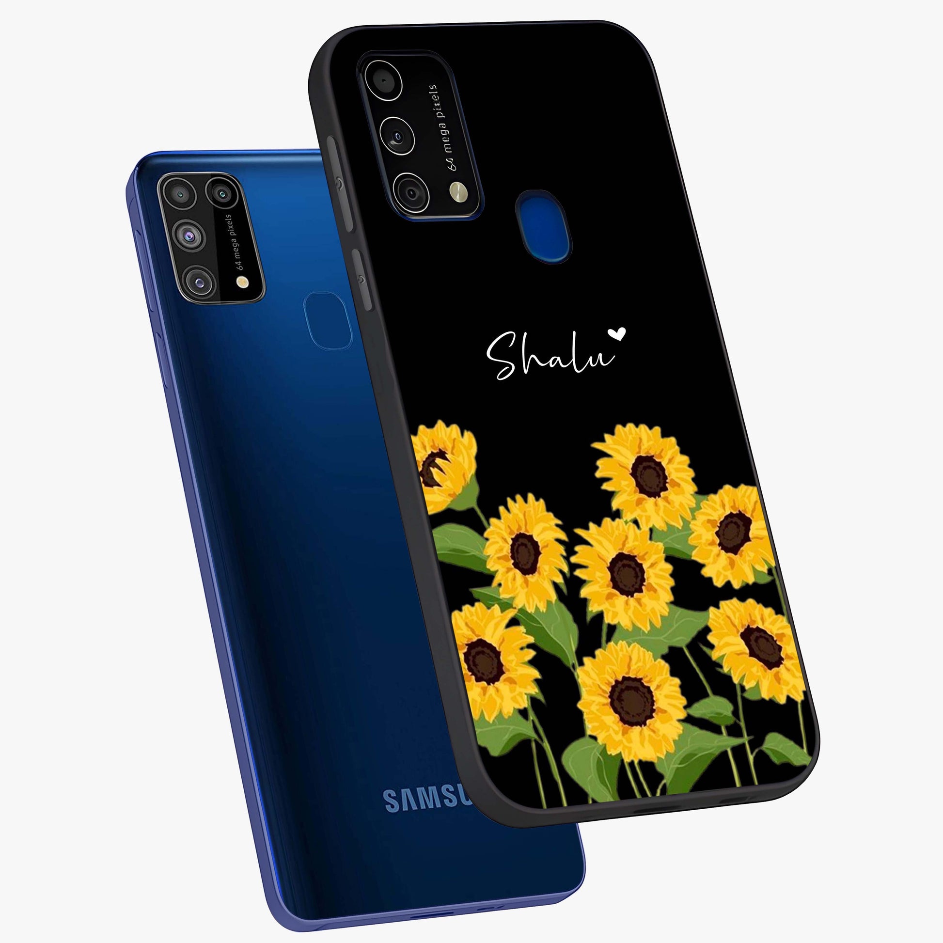 Sunflower Chic Mood Custom Name Glass Case displayed in angled mockup highlighting vibrant sunflower design with custom name feature.