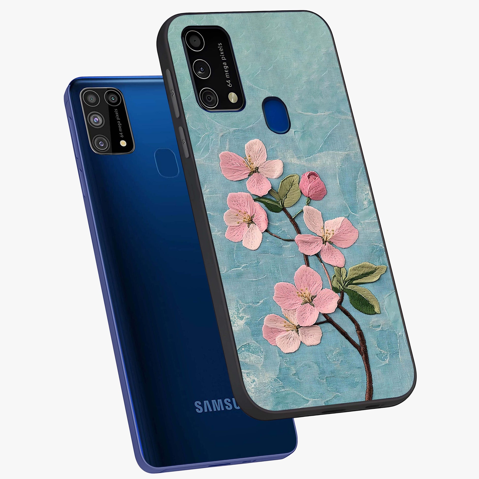 Threaded Blossom Breeze Glass Case displayed in angled mockup highlighting elegant floral design with soft aesthetic style.