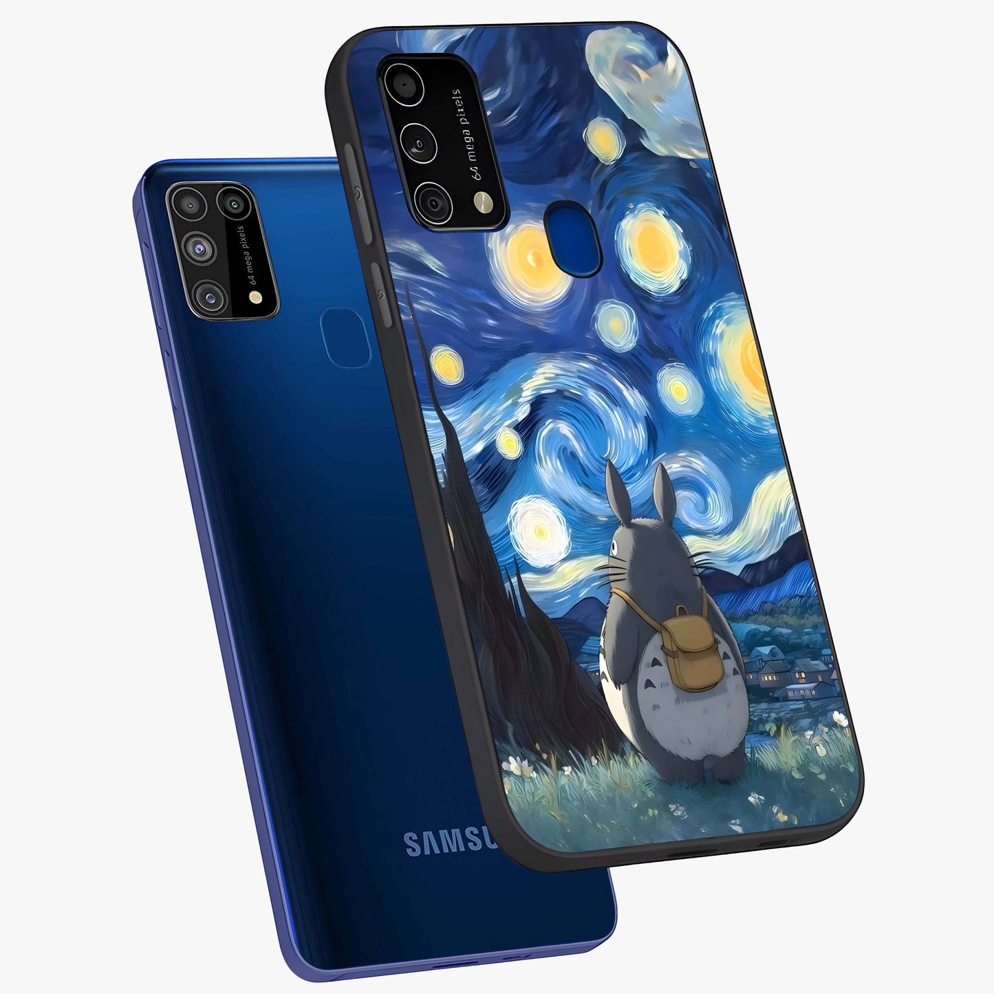Totoro In Van Gogh Art Glass Case displayed in angled mockup highlighting artistic swirling sky design with playful animation aesthetic.