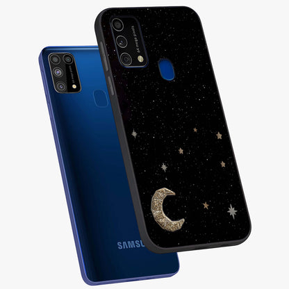 Twinkle Star With Half Moon Glass Case displayed in angled mockup highlighting celestial moon and star design with magical aesthetic.