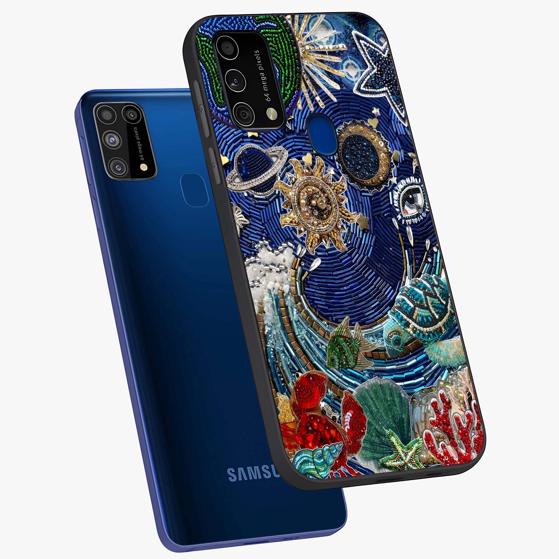 Universe Underwater Spark Glass Case displayed in angled mockup highlighting glowing aquatic design with celestial aesthetic.