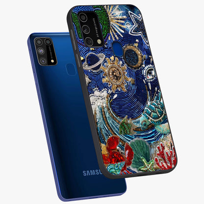 Universe Underwater Spark Glass Case displayed in angled mockup highlighting glowing aquatic design with celestial aesthetic.