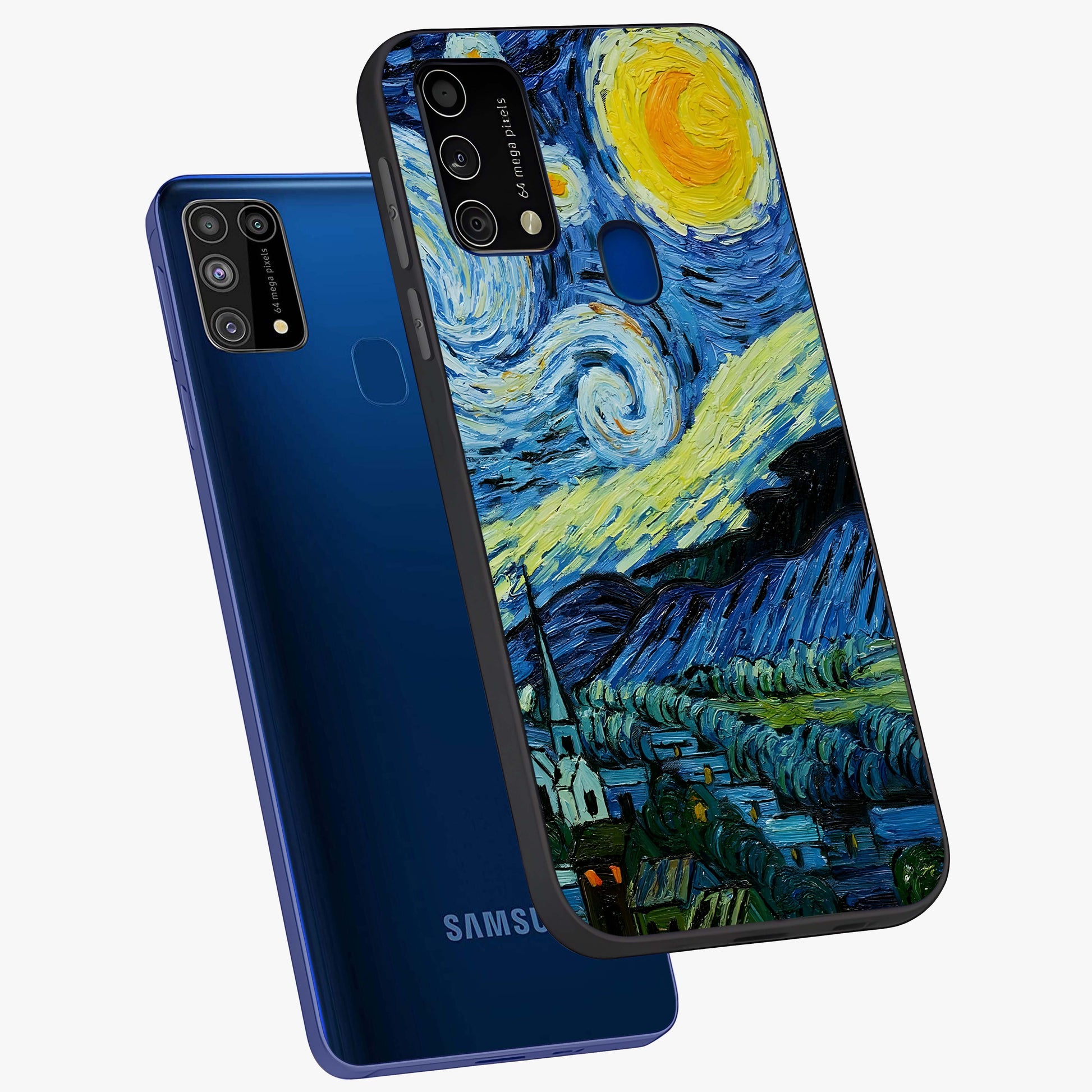 Van Gogh Art Glass Case displayed in angled mockup highlighting swirling brushstroke design with artistic aesthetic.
