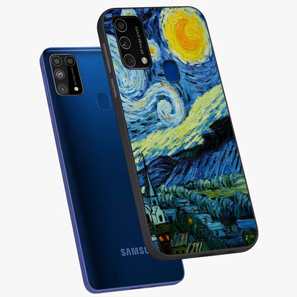 Van Gogh Art Glass Case displayed in angled mockup highlighting swirling brushstroke design with artistic aesthetic.