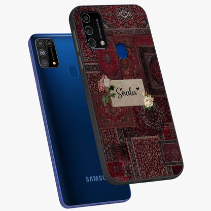 Velvet Wine Pattern Custom Name Glass Case displayed in angled mockup highlighting decorative velvet inspired design with custom name feature.