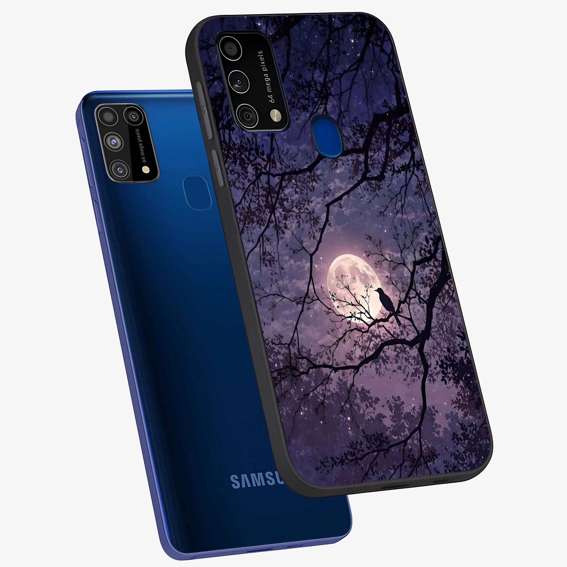 Whispering Moon Silence Glass Case displayed in angled mockup highlighting calm lunar design with dreamy night aesthetic.