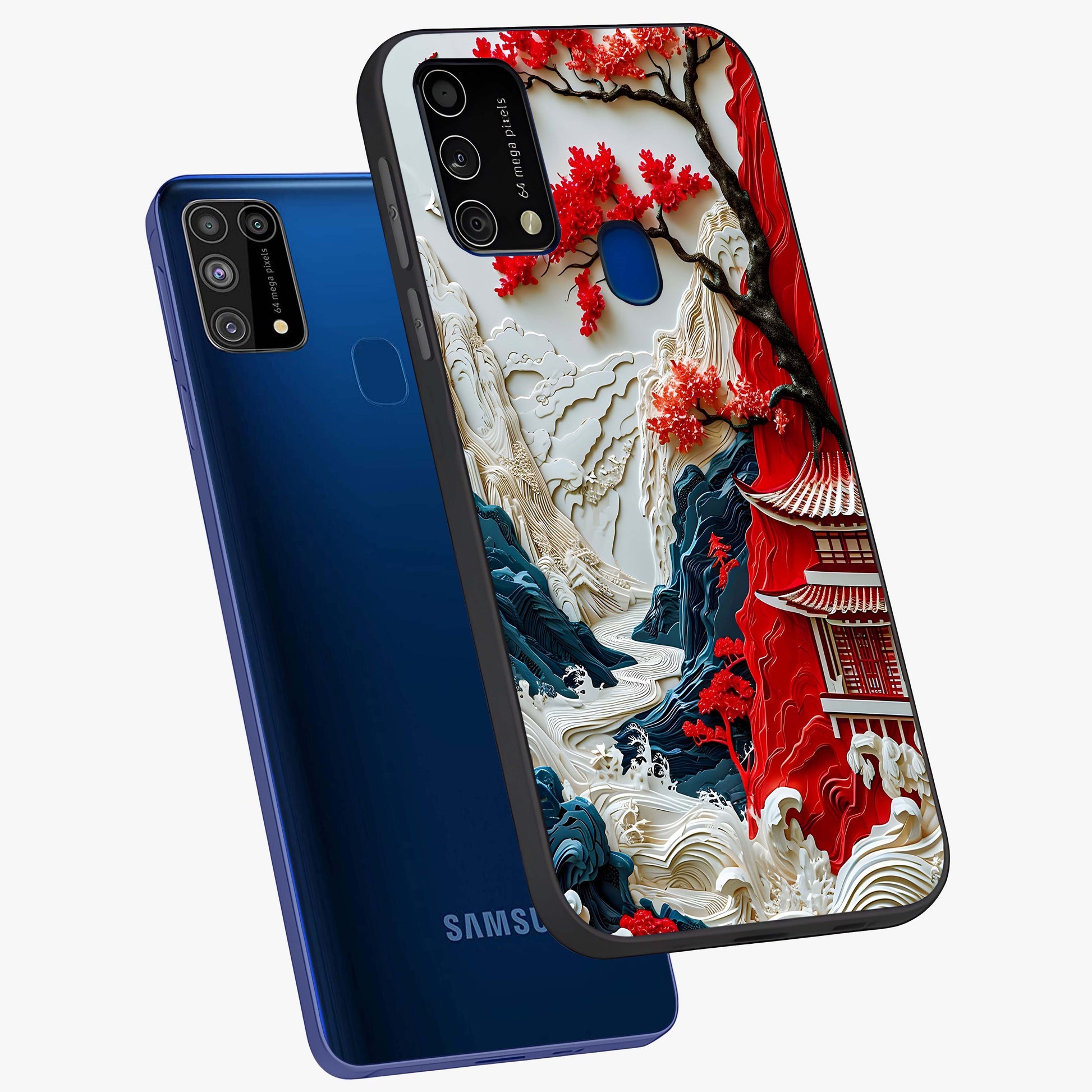 Whispers Of Sakura Waves Glass Case displayed in angled mockup highlighting flowing sakura design with soft floral aesthetic.