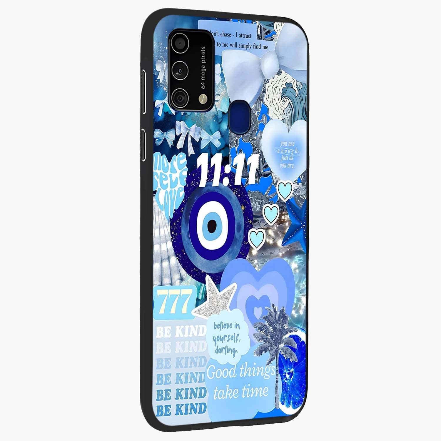 Aesthetic Be Kind Eye Glass Case upright view showcasing stylish eye illustration with positive message theme.