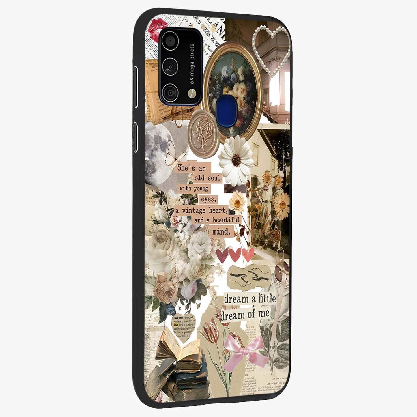 Aesthetic Brown Vintage Collage Glass Case upright view showcasing nostalgic retro artwork with stylish vintage theme.