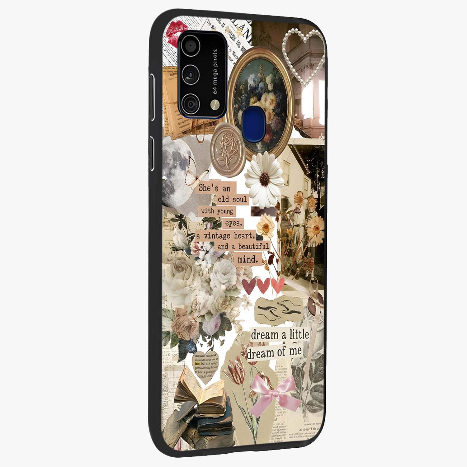 Aesthetic Brown Vintage Collage Glass Case upright view showcasing nostalgic retro artwork with stylish vintage theme.