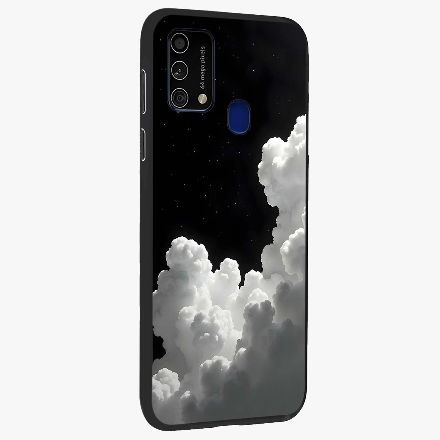 Black Background With White Cloud Glass Case upright view showcasing calm cloud aesthetic with modern minimal style.