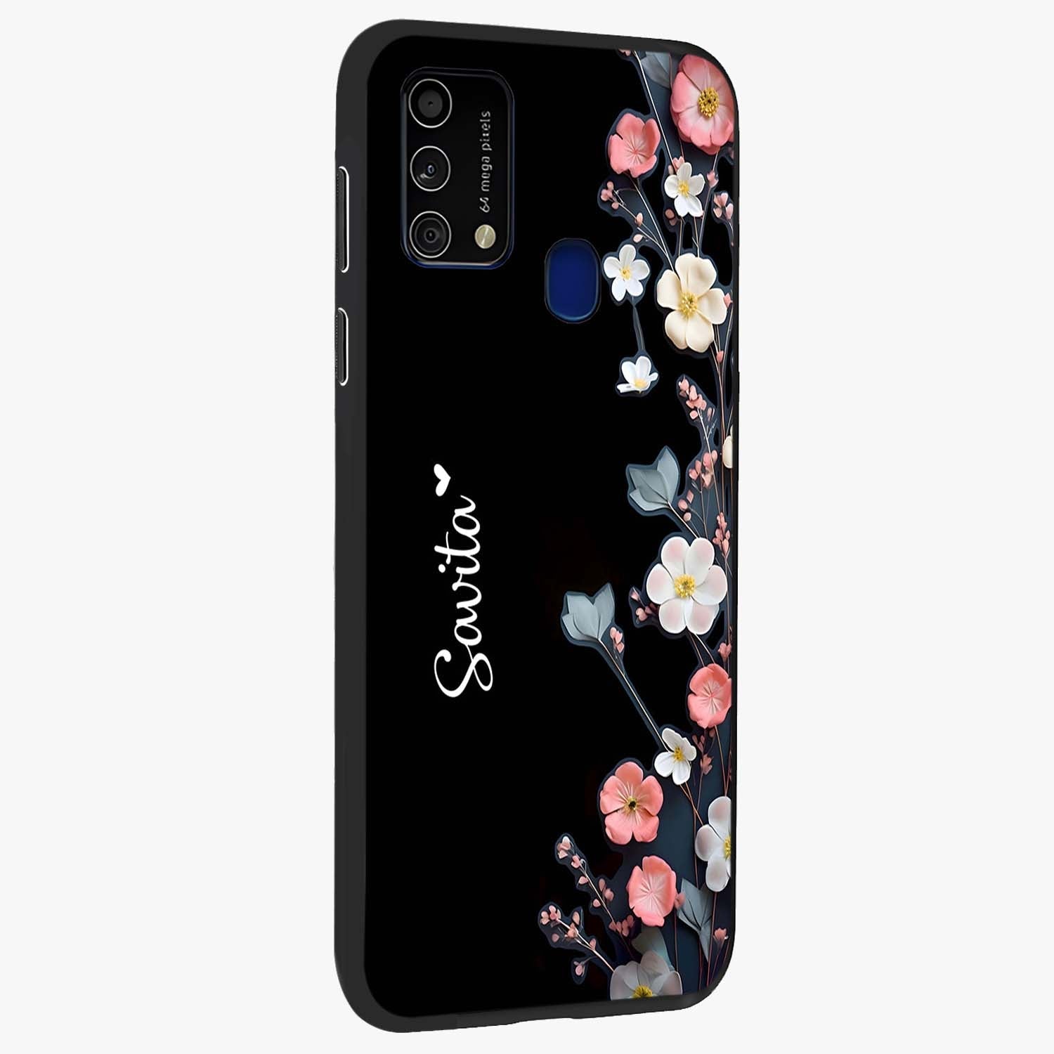 Black Elegance Floral Custom Name Glass Case upright view showcasing luxurious black floral design with personalized name detail.