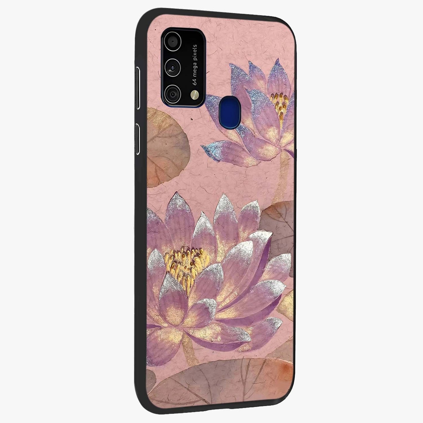 Blossom Mist Lotus Glass Case upright view showcasing graceful lotus flower design with peaceful botanical style.