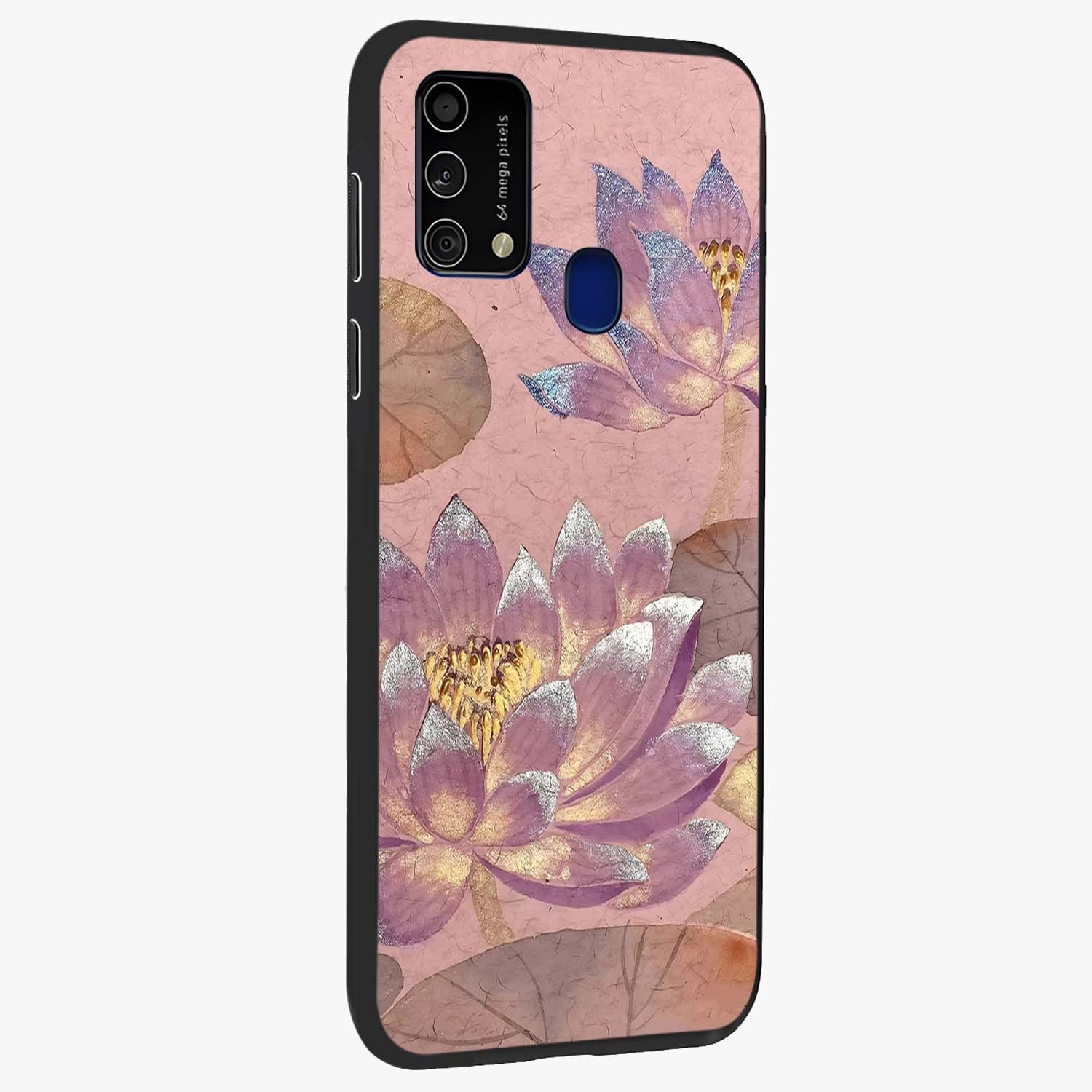 Blossom Mist Lotus Glass Case upright view showcasing graceful lotus flower design with peaceful botanical style.