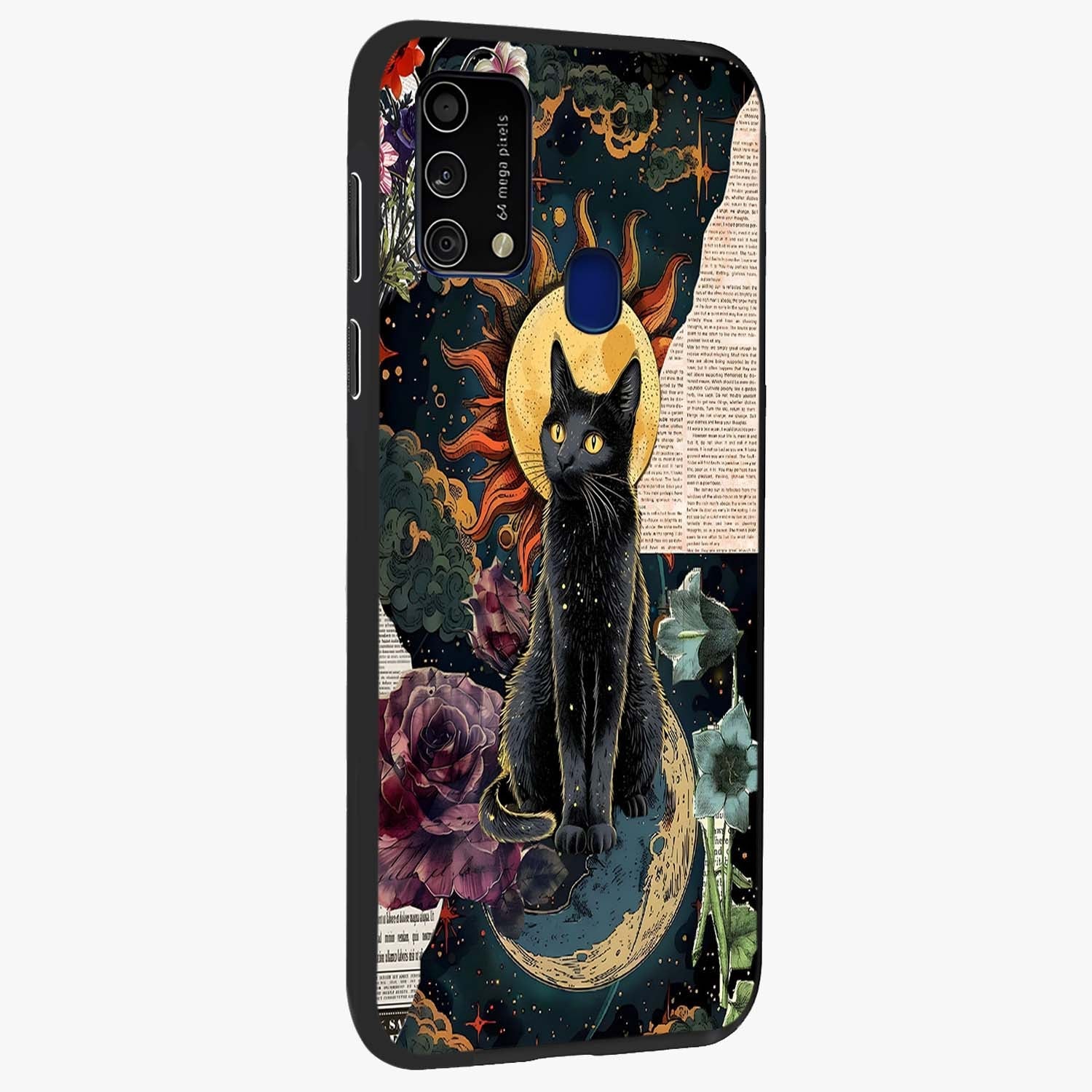 Celestial Black Cat Glass Case upright view showcasing magical black cat illustration with starry cosmic theme.
