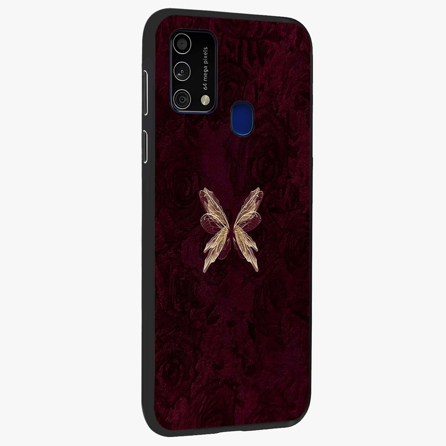Crimson Fade Butterfly Glass Case upright view showcasing graceful butterfly artwork with soft crimson fade effect.