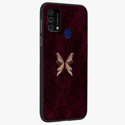 Crimson Fade Butterfly Glass Case upright view showcasing graceful butterfly artwork with soft crimson fade effect.