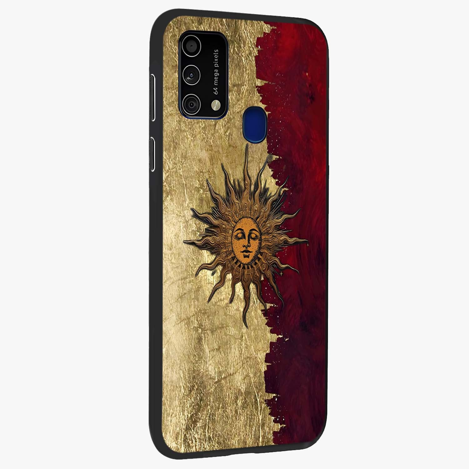 Crimson Sun Majesty Glass Case upright view showcasing vibrant sun artwork with powerful celestial theme.