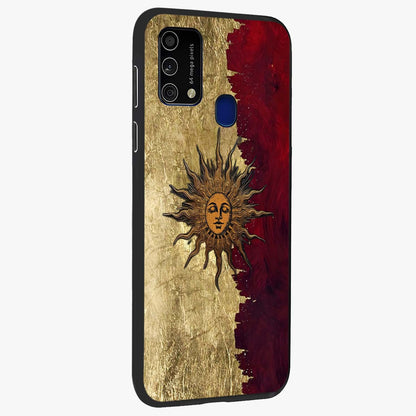 Crimson Sun Majesty Glass Case upright view showcasing vibrant sun artwork with powerful celestial theme.