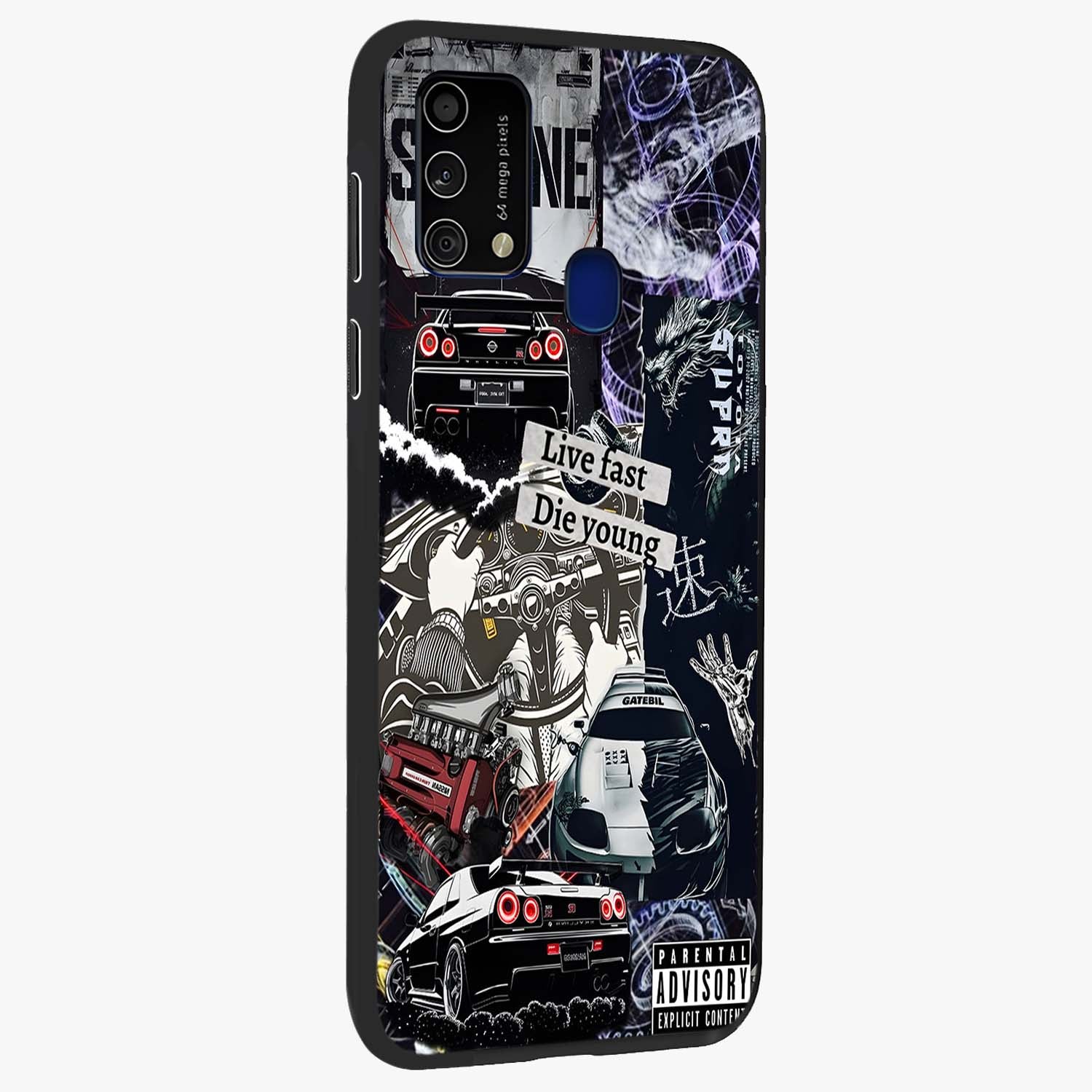 Die Young Glass Case upright view showcasing striking typography artwork with modern statement theme.