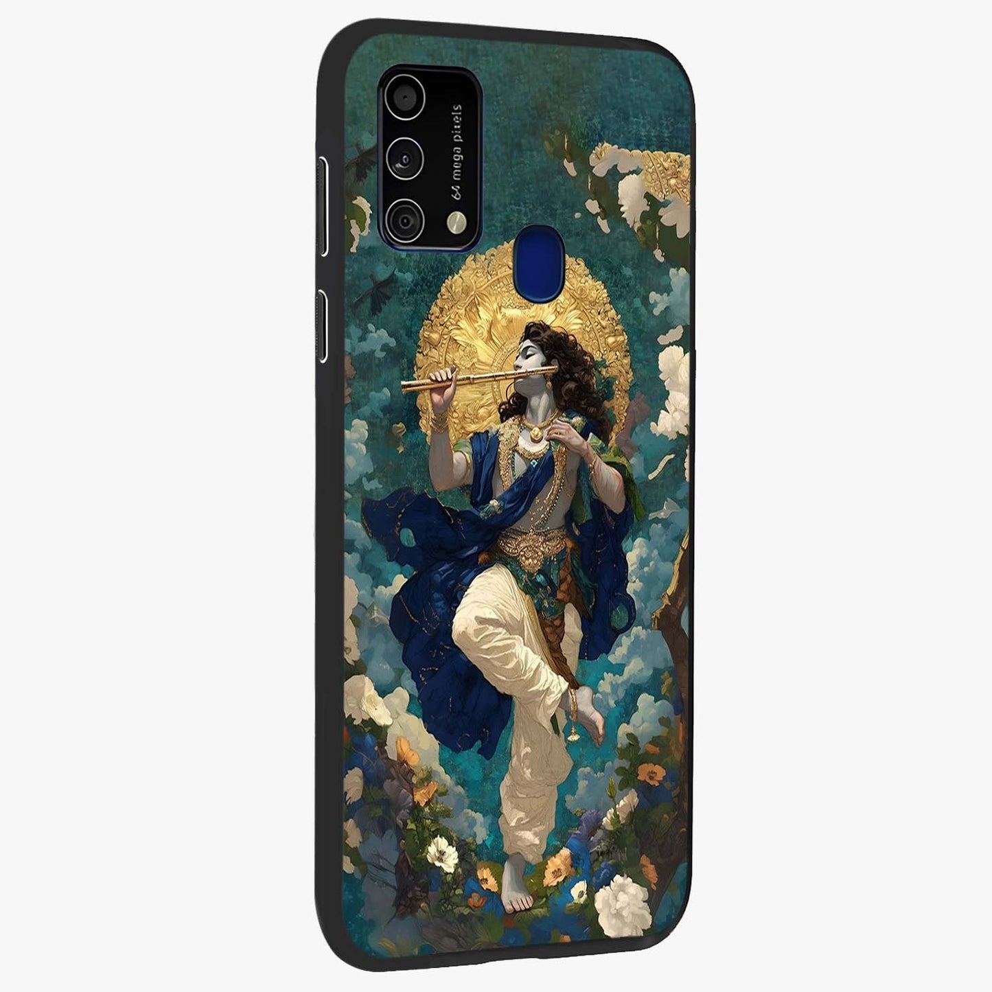 Divine Krishna Art Glass Case upright view showcasing divine Krishna artwork with sacred artistic theme.