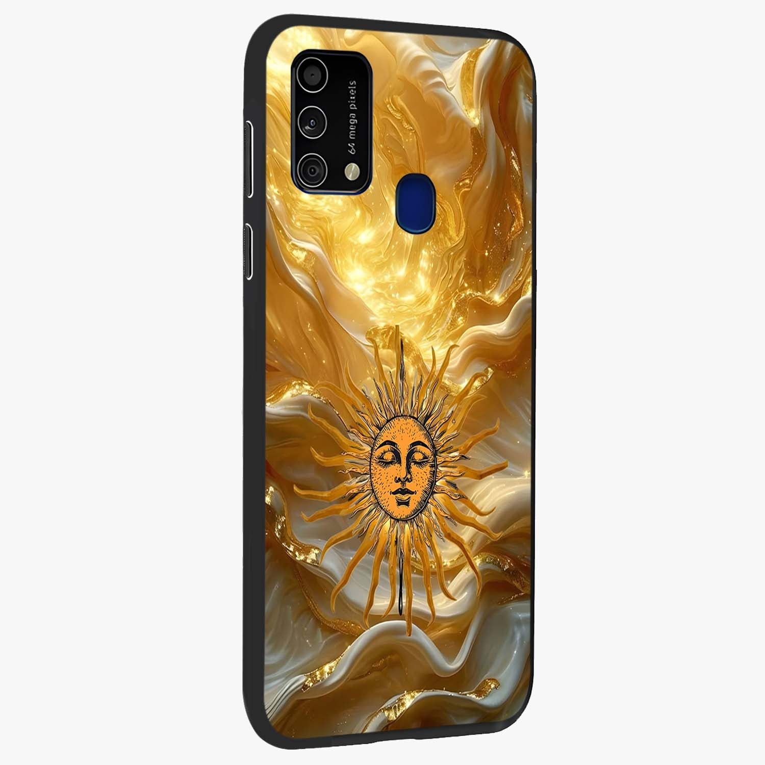 Eternal Golden Glow Glass Case upright view showcasing luminous golden artwork with luxurious visual theme.