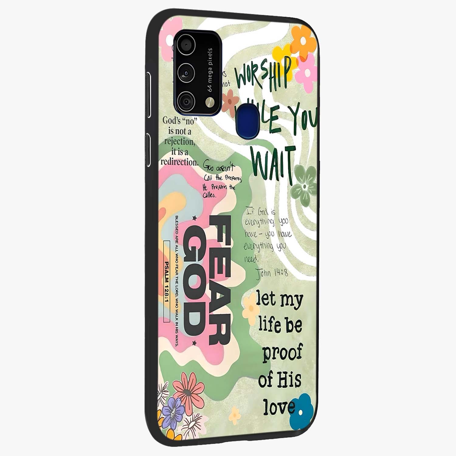 Faith Over Fear Glass Case upright view showcasing bold typography artwork with uplifting motivational theme.