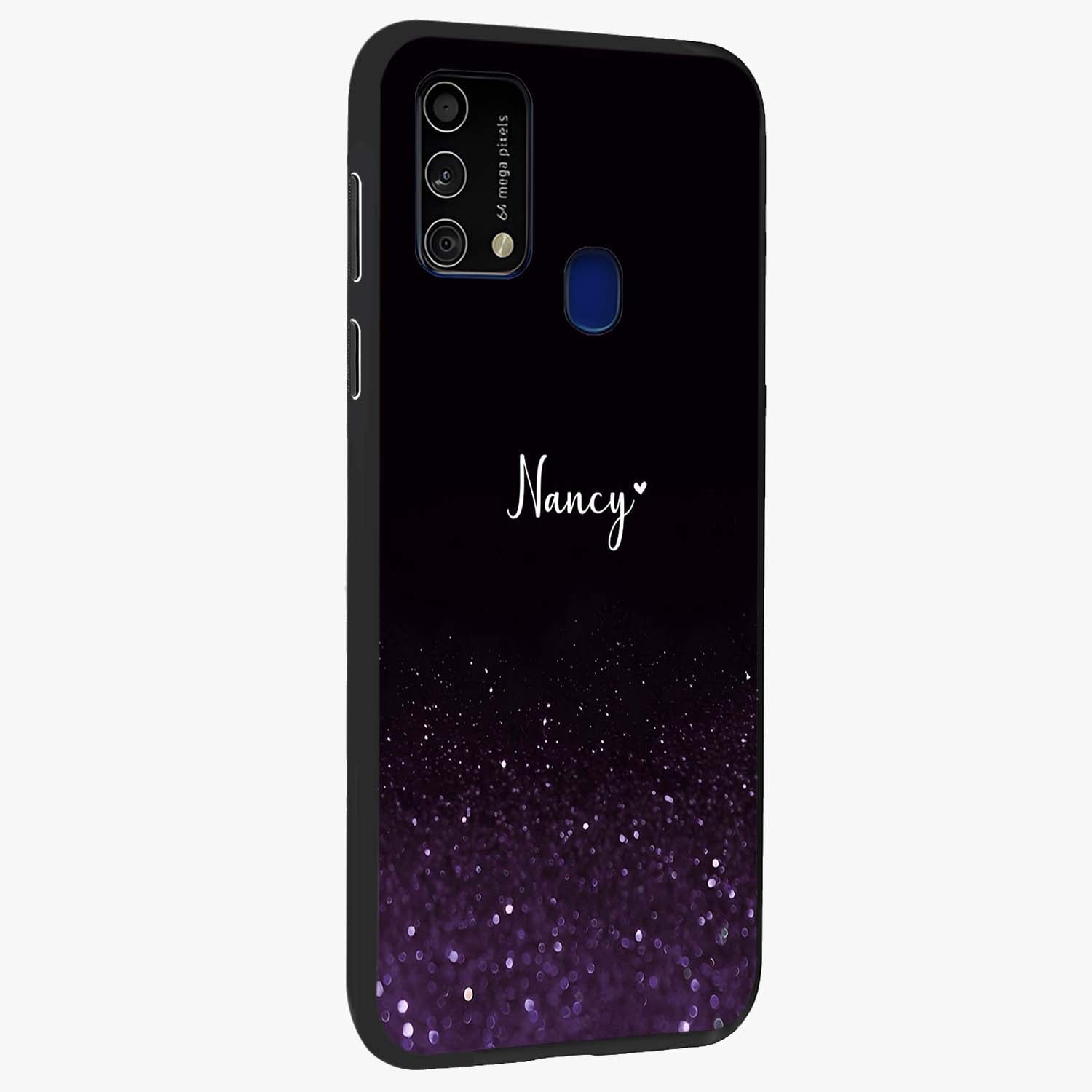Glittery Purple Bokeh Custom Name Glass Case upright view showcasing vibrant purple sparkle artwork with personalized aesthetic style.