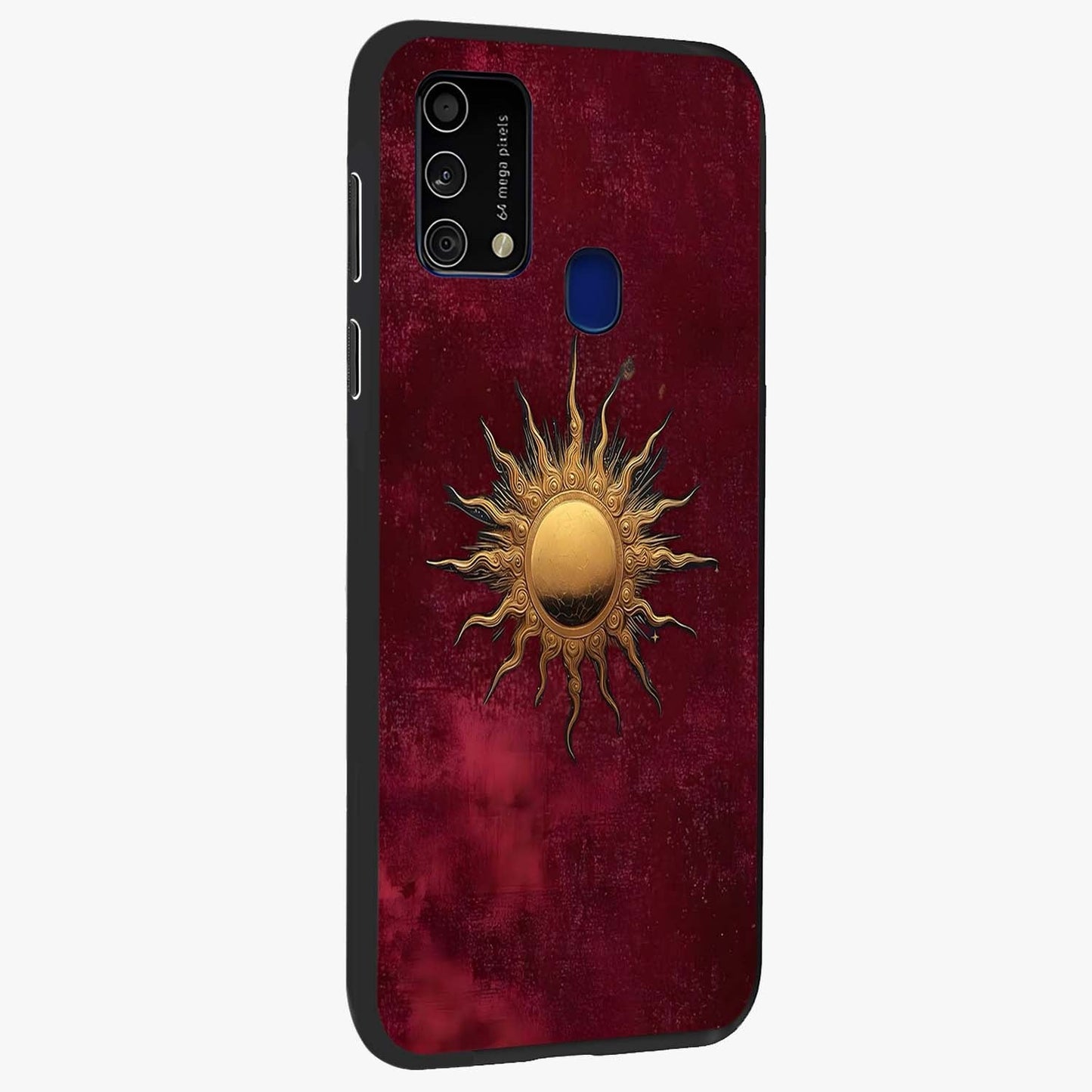 Golden Sun Minimalism Glass Case upright view showcasing simple golden sun artwork with elegant minimalist style.