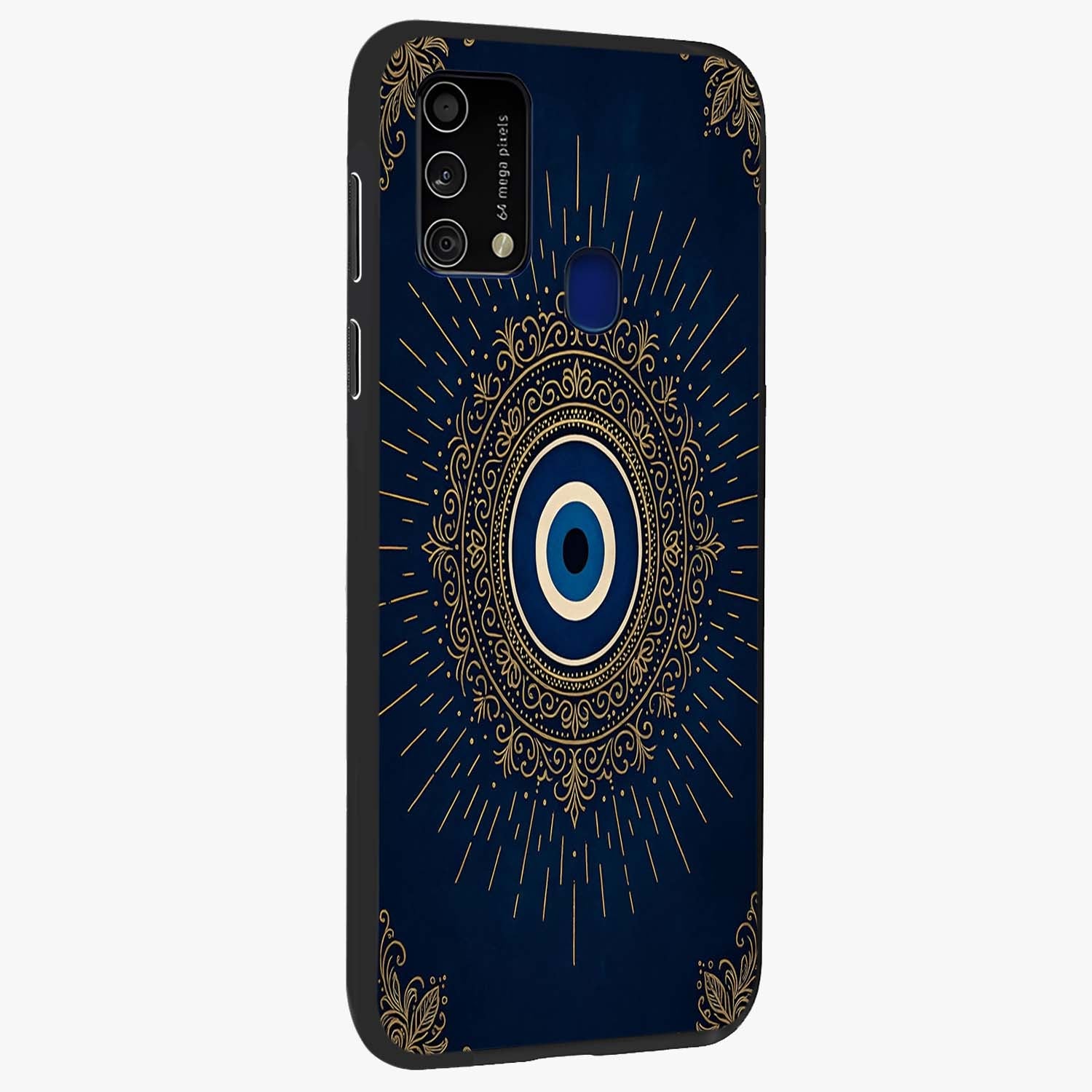 Golden Celestial Charm Glass Case upright view showcasing radiant celestial artwork with elegant golden theme.
