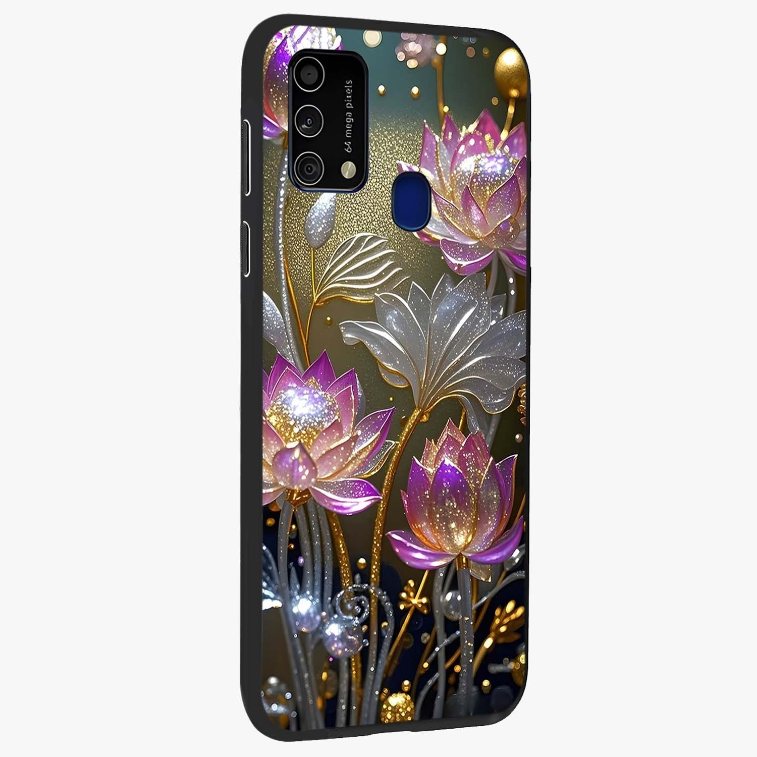 Golden Floral Majesty Glass Case upright view showcasing majestic floral artwork with rich decorative theme.