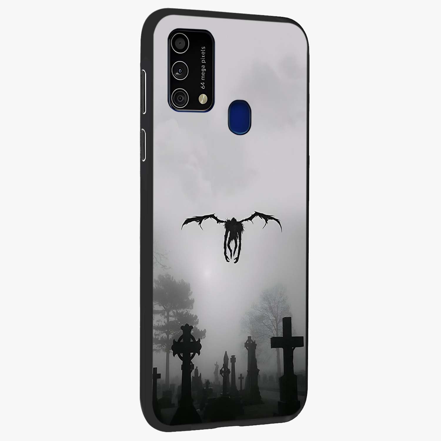 Graveyard Shadow Descent Glass Case upright view showcasing haunting graveyard artwork with dramatic dark theme.