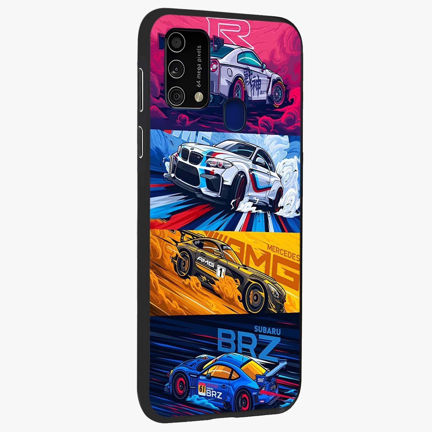 JDM Sports Car Glass Case upright view showcasing dynamic sports car artwork with bold racing theme.