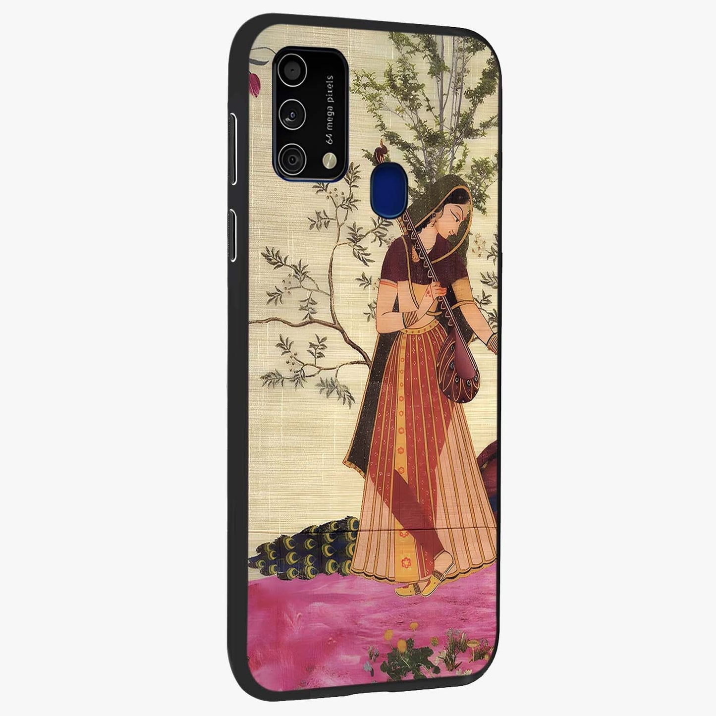 Lady With Veena Art Glass Case upright view showcasing classical veena artwork with traditional artistic theme.