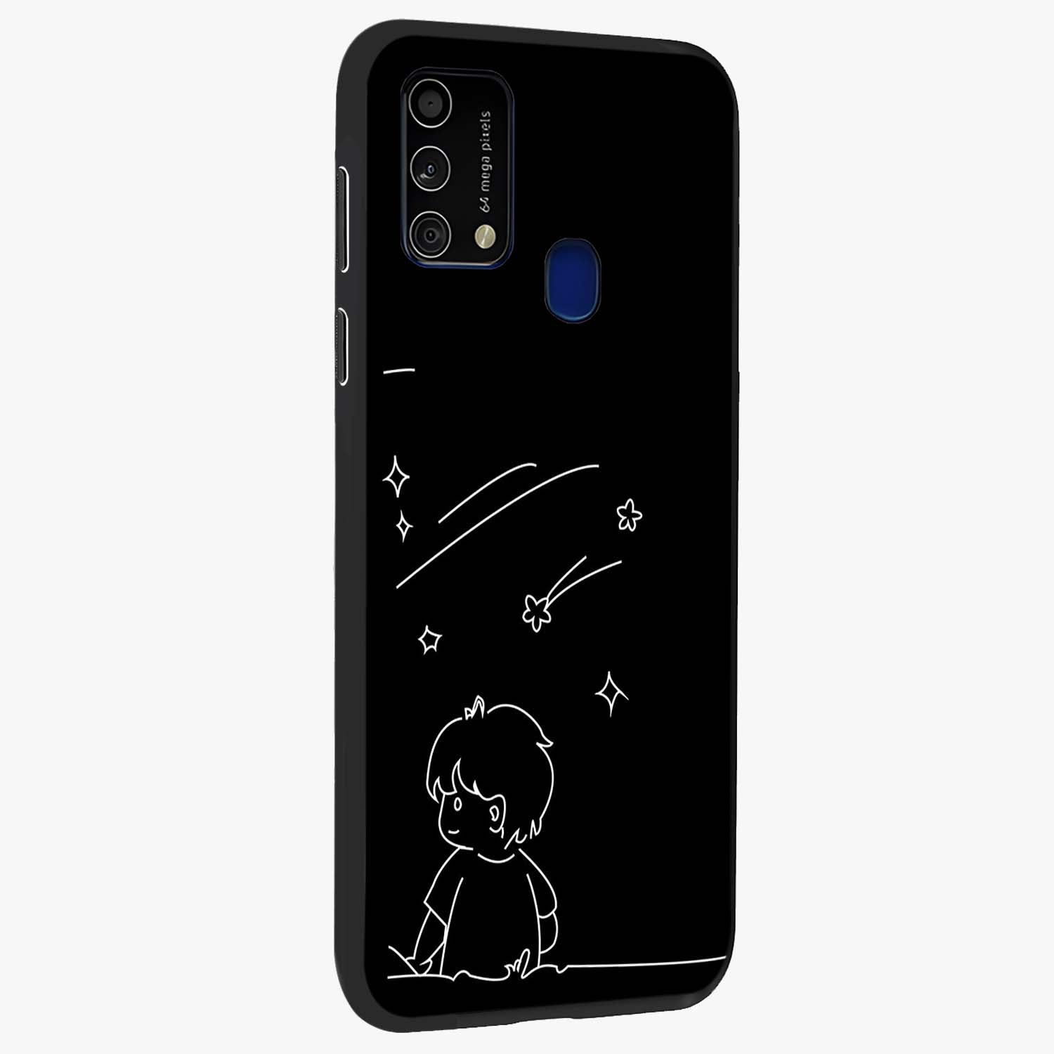 Line Art Boy With Shooting Stars Glass Case upright view showcasing artistic shooting star illustration with minimal style.