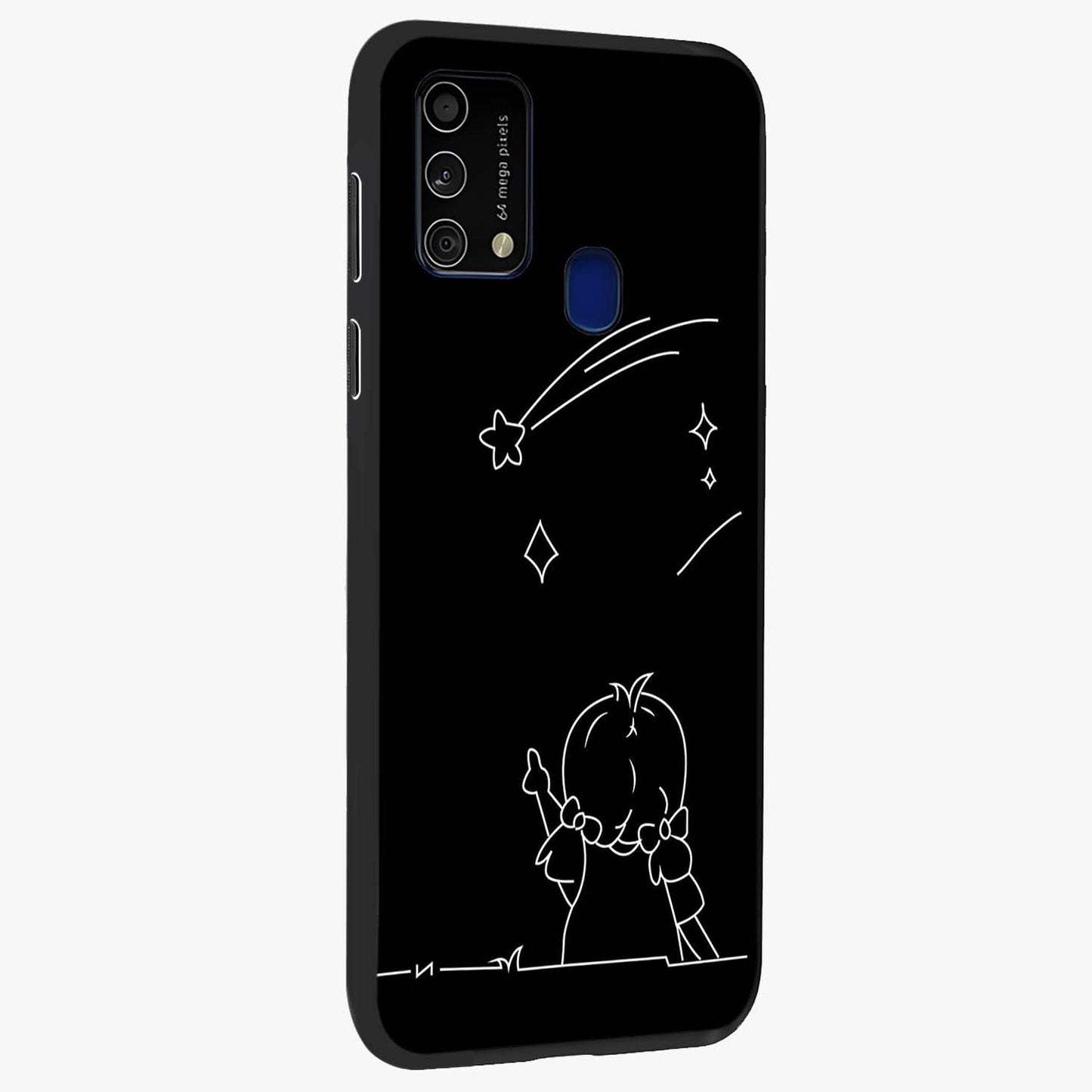 Line Art Girl With Shooting Stars Glass Case upright view showcasing delicate shooting stars artwork with minimal artistic theme.