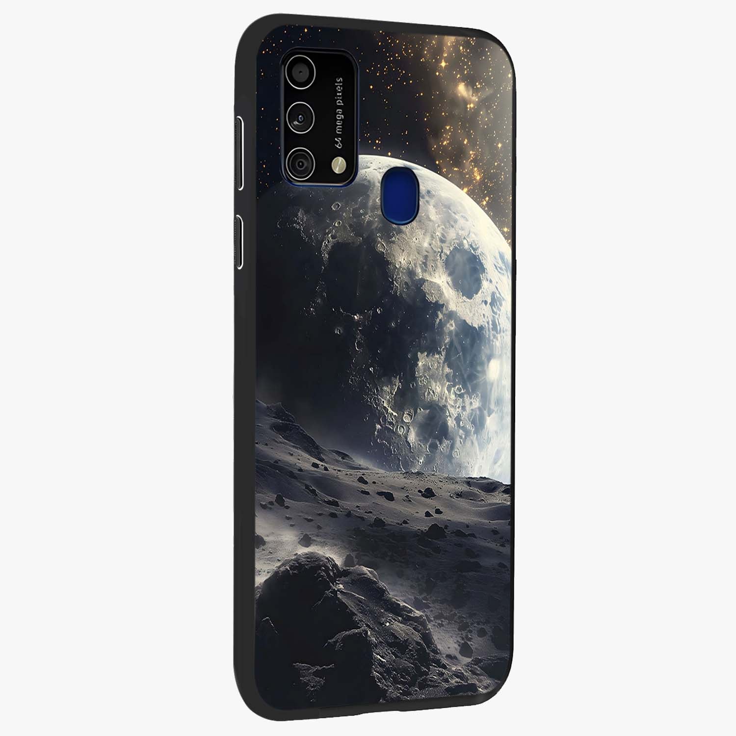 Lunar Horizon Glow Glass Case upright view showcasing radiant lunar artwork with calm cosmic theme.