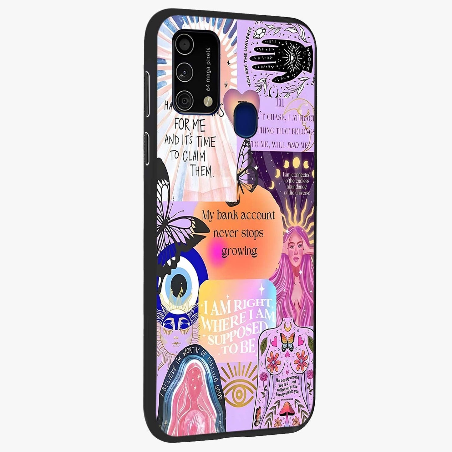 Manifestation Collage Glass Case upright view showcasing artistic manifestation themed artwork with creative style.