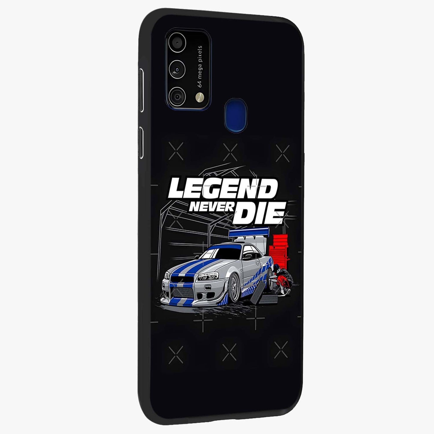 Midnight Racing Legacy Glass Case upright view showcasing powerful racing artwork with modern sports theme.