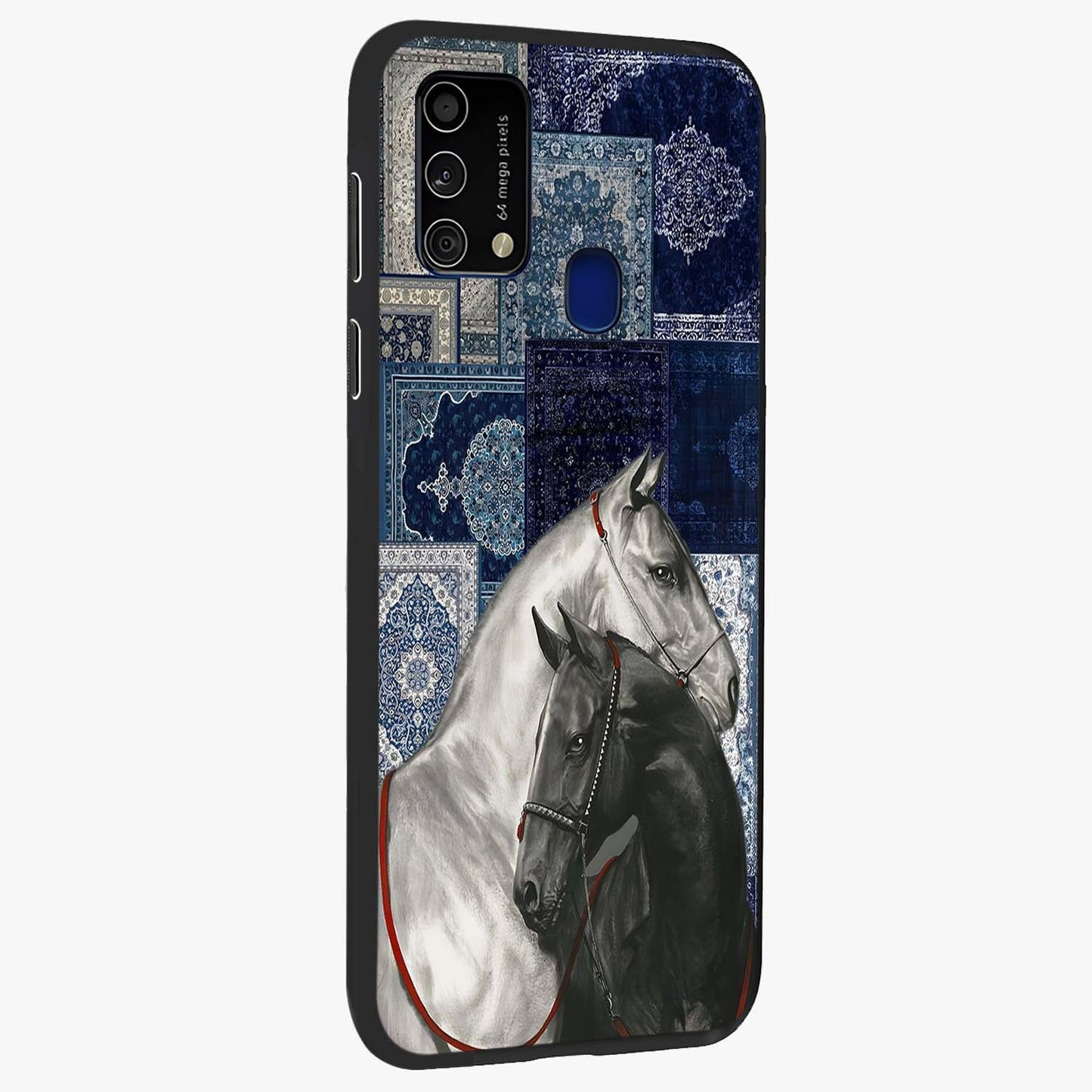 Midnight Stallion Blues Glass Case upright view showcasing dramatic horse artwork with bold artistic theme.