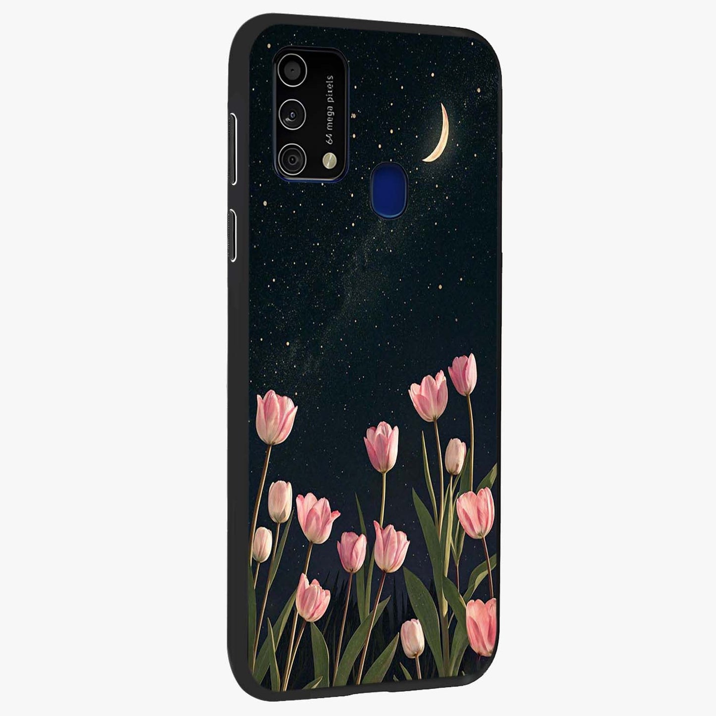 Midnight Tulip Whispers Vibe Glass Case upright view showcasing graceful tulip artwork with calm botanical theme.