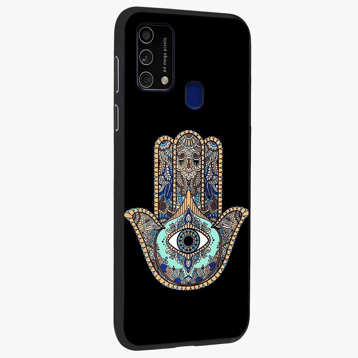 Mystic Hamsa Eye Glass Case upright view showcasing detailed hamsa eye artwork with protective spiritual theme.