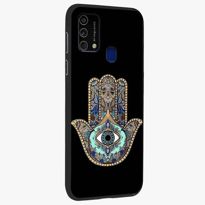 Mystic Hamsa Eye Glass Case upright view showcasing detailed hamsa eye artwork with protective spiritual theme.