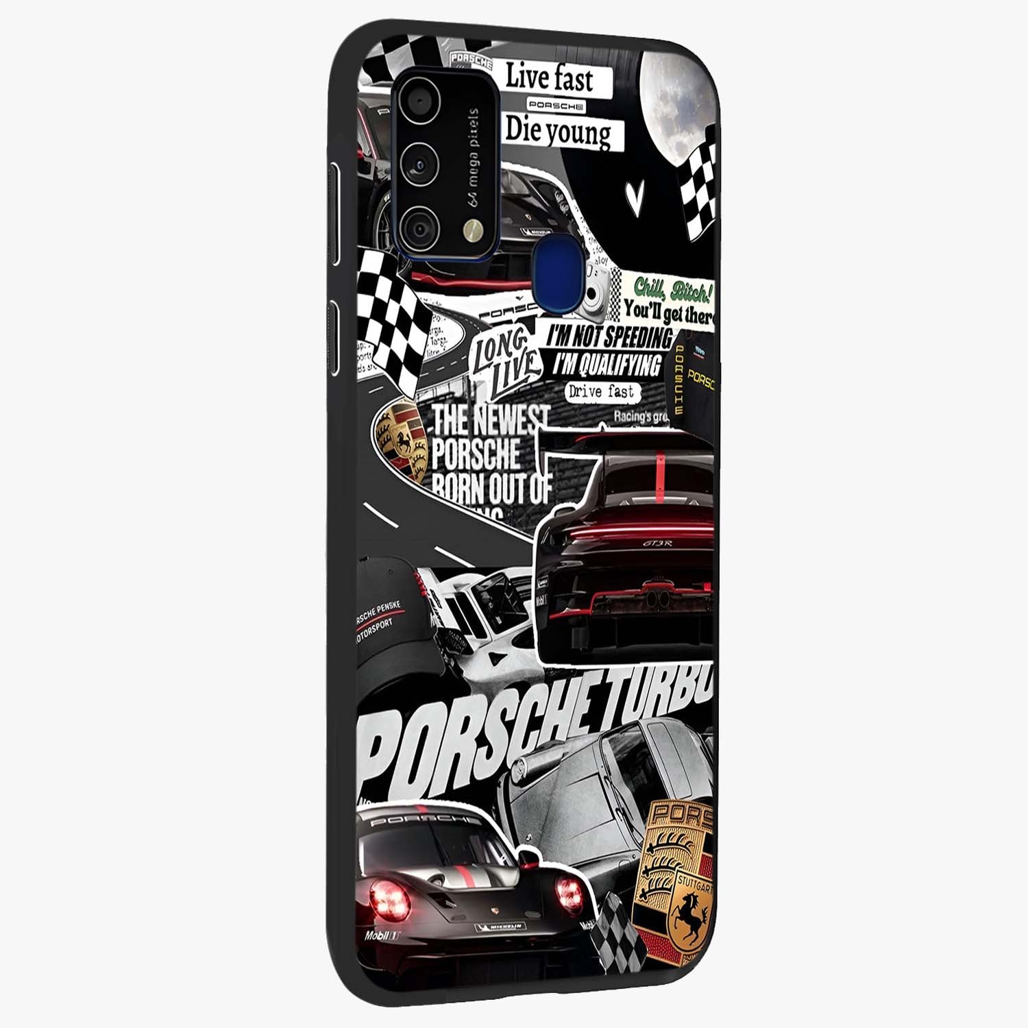 Porsche Racing Collage Glass Case upright view showcasing energetic car collage artwork with high speed racing theme.