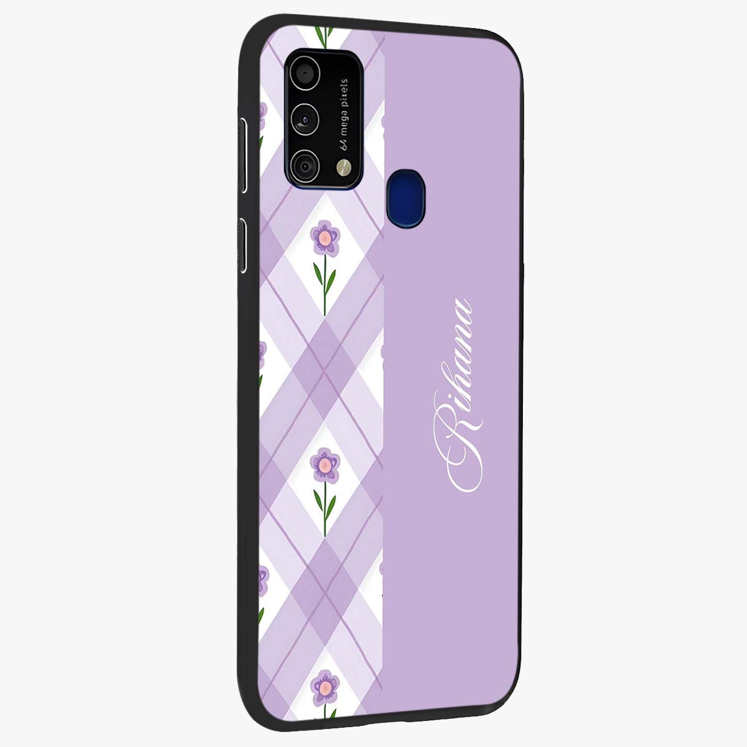Purple Diamond Floral Glass Case upright view showcasing vibrant floral artwork with stylish geometric theme.