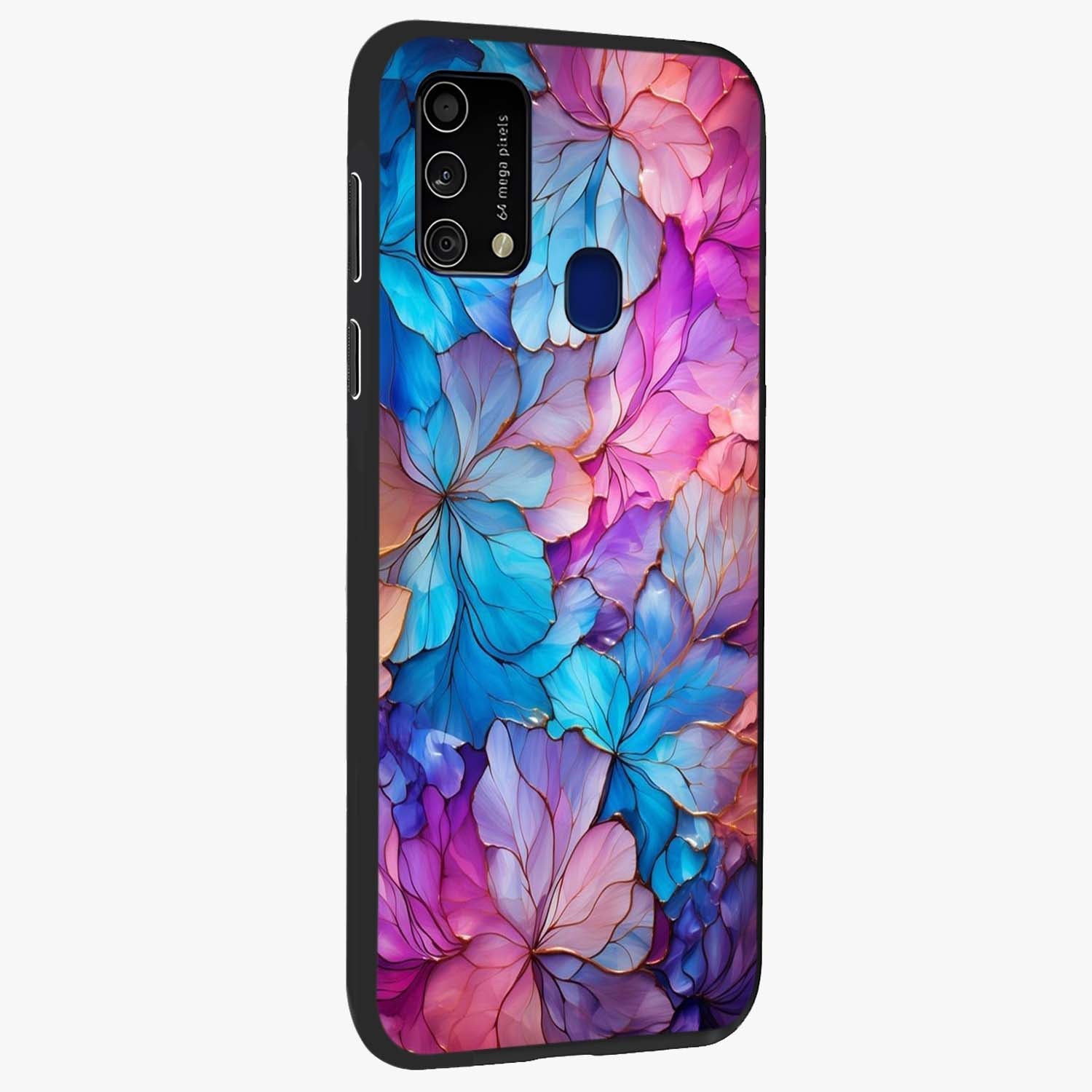 Radiant Floral Whirl Glass Case upright view showcasing lively floral artwork with decorative swirl theme.